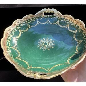 1884-1909 M.Z. Austria Gilt Handled Green Bowl Gorgeous! 8" x 8.5" -N3